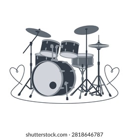 Detailed illustration of a complete drum set featuring a bass drum, toms, hi-hat, and cymbals. Decorated with heart symbols, representing passion for music and rhythm.