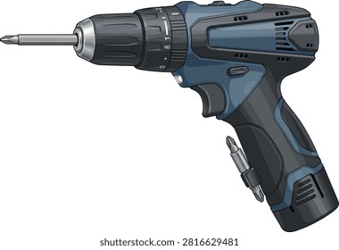 Detailed illustration of a cordless power drill driver equipped with a screwdriver bit for drilling and fastening applications. Ideal for construction, carpentry, home improvement, maintenance, and DIY project concepts.