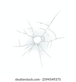 Detailed illustration of a cracked glass surface showing radial fracture lines emanating from a central point. Light reflections add depth to the broken texture.