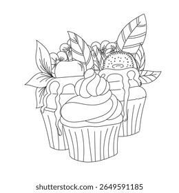 Detailed illustration of cupcakes adorned with intricate patterns, fruits, and decorative elements, perfect for coloring purposes or artistic designs