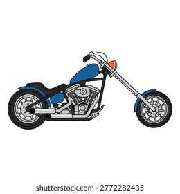 A detailed illustration of a custom blue chopper motorcycle, side view, on a white background. Features chrome accents and a powerful engine.