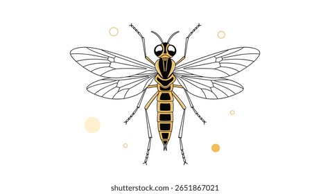 Detailed Illustration of a Delicate Insect with Transparent Wings and Segmented Body Adorned with Golden Bands and Tiny Yellow Bubbles Floating Around