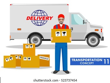 Detailed illustration of delivery truck and driver hold the box on white background in flat style.
