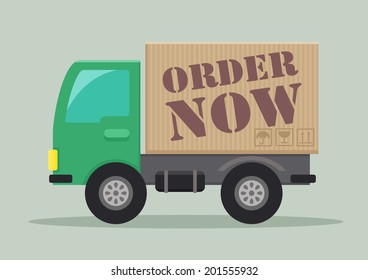 detailed illustration of a delivery truck with order now label, eps10 vector