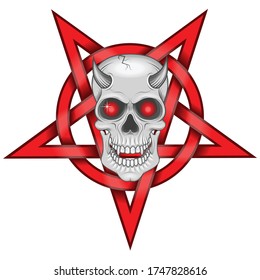 Detailed illustration of demonic skull and intertwined five pointed star with circle, on white background