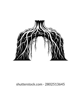 A detailed illustration of dense, interwoven tree roots creating a natural arch or gateway shape, presented in a stark black and white graphic style.
