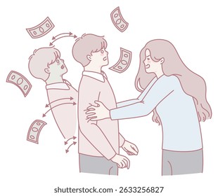 A detailed illustration depicting the emotional dynamics and financial interactions occurring between individuals