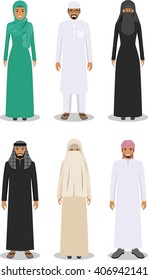 Detailed illustration of different standing arab man and woman in the traditional national muslim arabic clothing isolated on white background in flat style.