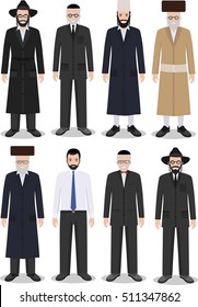 Detailed illustration of different standing jewish old and young men in the traditional national clothing isolated on white background in flat style.