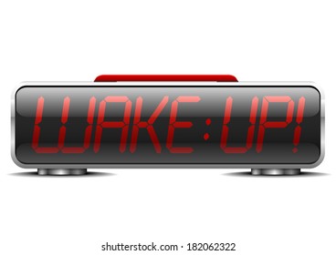 detailed illustration of a digital alarm clock with term "wake up" instead of digits, eps10 vector