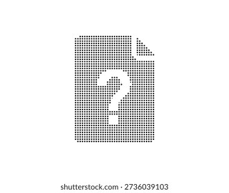 Detaillierte Illustration eines Dokuments mit einem Fragezeichen, bestehend aus kleinen Punkten, in Schwarz-Weiß, einfachem und modernem Design