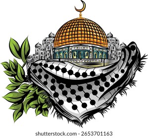 A detailed illustration of the Dome of the Rock, a traditional headscarf, and green foliage.