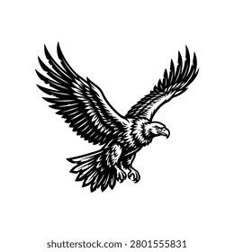 A detailed illustration of an eagle in mid-flight, its powerful wings outstretched, showcasing its sharp talons and keen eyes.