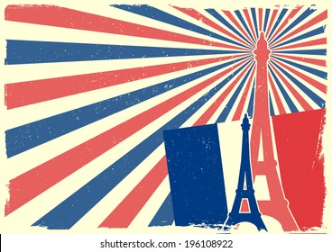 detailed illustration of the Eiffel Tower in front of a grungy patriotic backbround, eps 10 vector
