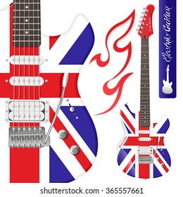 Detailed illustration of an electric guitar with the British flag and decorative inscription "Electric guitar" is not a trademark