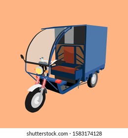 A detailed illustration of an electric rickshaw, or electric auto rickshaw used in India as a cleaner mode of transport for goods or passengers. These are battery operated, non polluting vehicles.