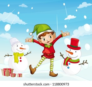 detailed illustration of an elve and a snowman