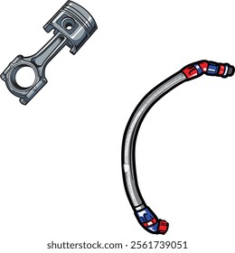 Detailed illustration of an engine piston and braided hose, showcasing precision engineering and innovative design, perfect for automotive enthusiasts and mechanical art lovers