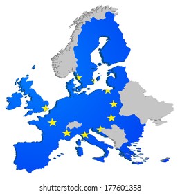 detailed illustration of the European Map, members of the European Union are colored with the European Flag