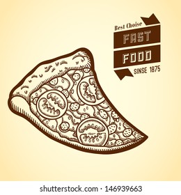 Detailed illustration of fast food in vintage style. Hand drawn. Isolated object on yellow background. Retro label.