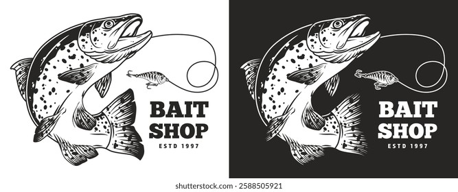 A detailed illustration features a large fish leaping with a fishing line attached. Below the words bait shop and estd 1997 are clearly displayed inviting fishing enthusiasts.