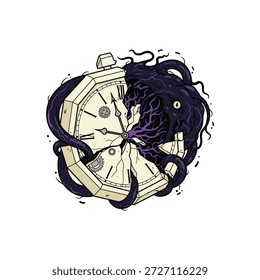 Ilustração detalhada com um relógio entrelaçado com tentáculos escuros e rachaduras, criando um conceito visual surreal e intrigante.