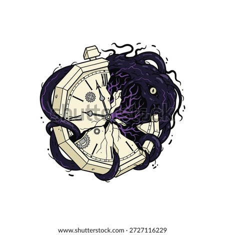 Detailed illustration featuring a clock intertwined with dark tentacles and cracks, creating a surreal and intriguing visual concept.