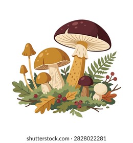 A detailed illustration featuring a group of assorted mushrooms growing in moss surrounded by fallen autumn leaves and small berries