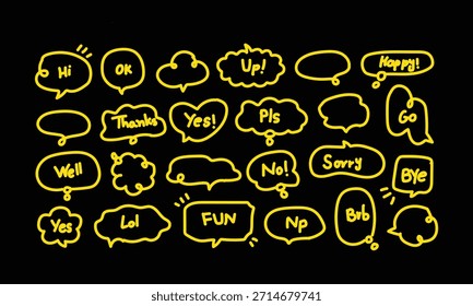 Detailed illustration featuring multiple yellow speech bubbles containing different words and phrases, arranged on a solid black background, showcasing a playful and vibrant composition