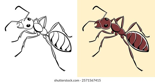 A detailed illustration featuring a red ant depicted in both colored and outlined renderings, showcasing the contrast and artistic design.