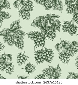 A detailed illustration featuring a repeating pattern of hops and leaves set against a soft light background. Perfect for celebrating the art of brewing and beer culture year-round.