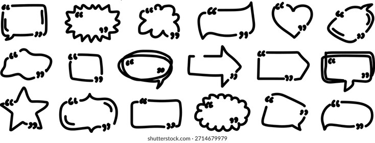 Detailed illustration featuring various hand drawn speech bubbles, icons, and shapes in black on a white background, showcasing different styles and compositions
