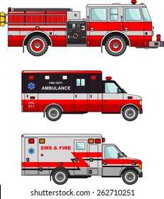 Detailed illustration of fire truck and ambulance cars in a flat style