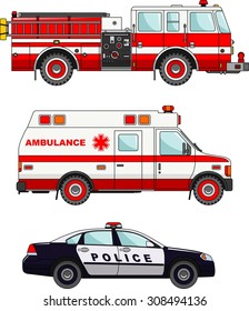 Detailed Illustration Of Fire Truck, Police And Ambulance Cars In A Flat Style