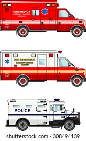 Detailed illustration of fire truck, police and ambulance cars in a flat style