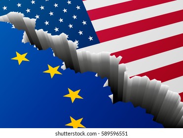 detailed illustration of the Flags of USA and Europe with a deep crack between, symbol for crisis and problems, eps10 vector