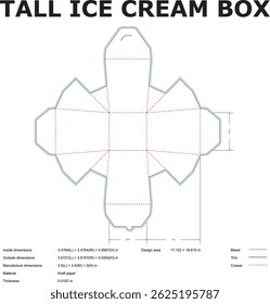 Detailed illustration of a flat design template for a tall ice cream box packaging with measurements