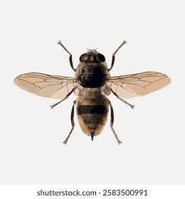 Detailed illustration of a fly with transparent wings and a segmented body. The fly's wings and body are intricately detailed, showcasing its natural features. Vintage animal illustration vector.