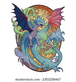 detailed illustration of a flying dragon. Vector graphics for t-shirt prints and other uses.