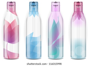 Detailed illustration of a Four plastic bottles with candid color this illustration has lights and shadows on a separate layer so that it can be change with just one click the fantasy of the bottle.