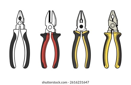 A detailed illustration of four varied plier designs, showcasing different handle colors and styles.