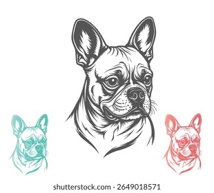 A detailed illustration of a French Bulldog head in grayscale, accompanied by two color variations in teal and coral.