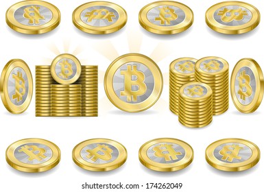 Detailed illustration of a full Set of One Bit coins Isolated on White