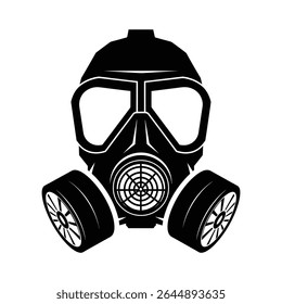 Uma ilustração detalhada de uma máscara de gás, apresentando uma silhueta preta sobre um fundo branco. A máscara tem grandes filtros circulares e um aparelho respiratório central.