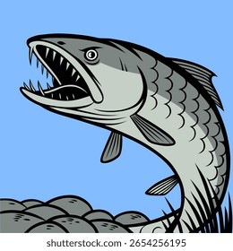 Detailed illustration of a giant snakehead fish with sleek fins and shiny scales, set against a blue background. Perfect for seafood themes and marine life designs.