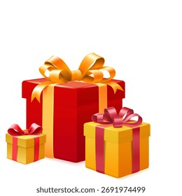 Ilustración detallada de cajas de regalo en tonos rojos y amarillos, adornadas con arcos, sobre un fondo blanco limpio.
