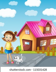 detailed illustration of a girl and cat infront of house