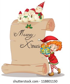 detailed illustration of a girl and a snowman on a white background