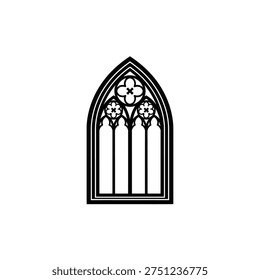 Detailed illustration of a gothic window featuring a quatrefoil design, perfect for architectural or religious themes. Black and white, clean lines.