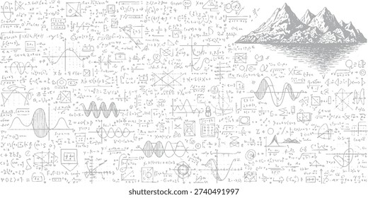 A detailed illustration of a grand mountain range with its peaks sharply defined, perfectly mirrored in the still water below, creating a serene and symmetrical natural landscape.